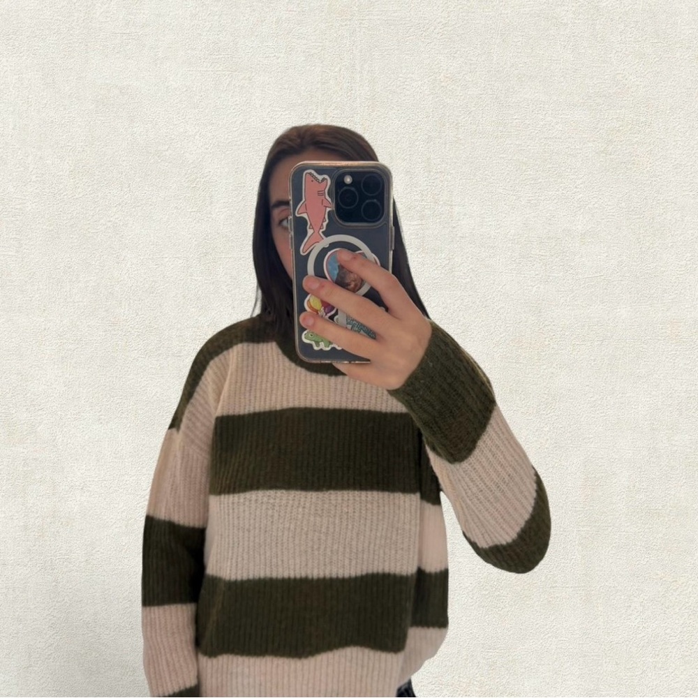Madewell Olive and Cream Striped Crewneck Sweater